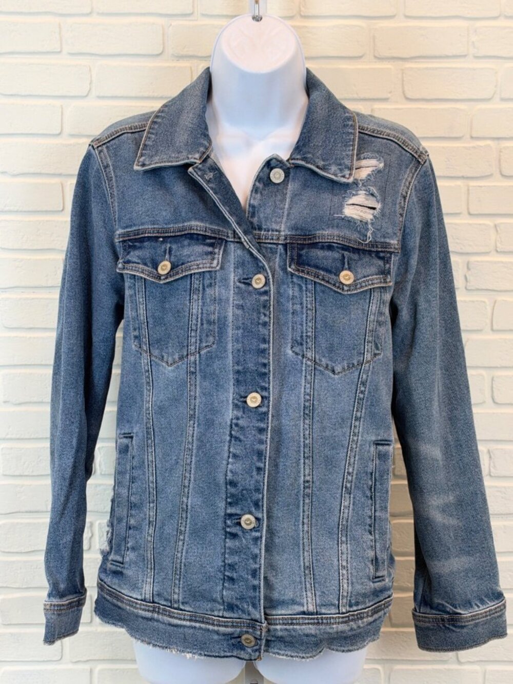 Hollister Denim Jacket Distressed Frayed Hem Medium Wash Blue M